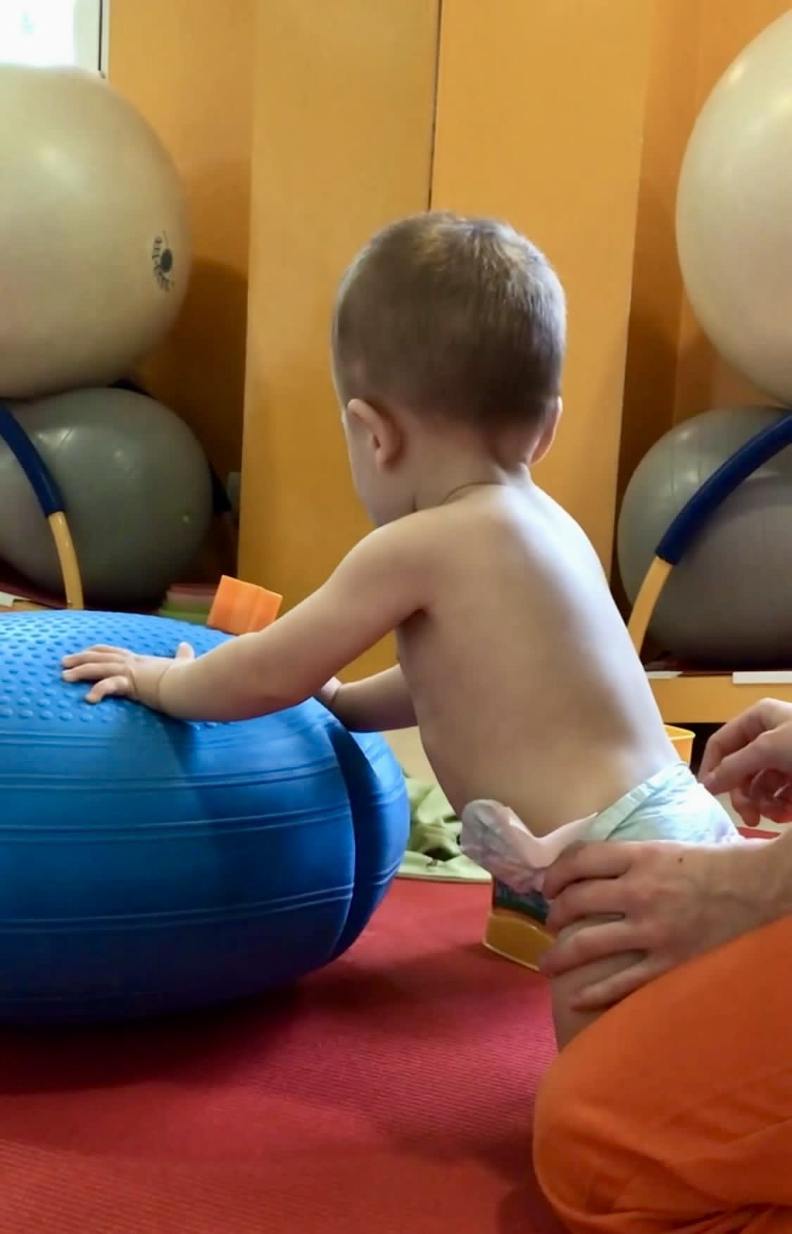Un bebé con pañal apoya las manos en una pelota de ejercicios azul grande en una sala con suelo rojo y paredes naranjas. Una persona adulta, visible solo por las manos y la parte inferior de su cuerpo vestida con pantalón naranja, sujeta al bebé por la espalda.